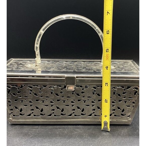 Rectangle Silver Tone Pierced Metal With Lucite Handle Mirror MCM Vintage - Picture 12 of 12